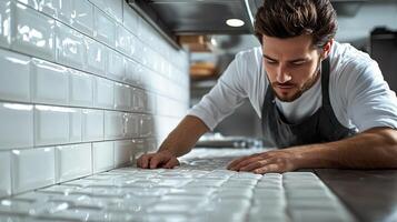 Baker preparing dough in a modern kitchen, focused on making pastries photo