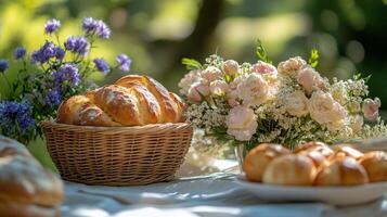 Bakery table setting with fresh bread and floral arrangements in a serene outdoor environment photo