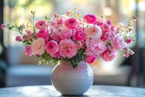 Beautiful arrangement of pink roses and flowers in a glass vase on a table photo