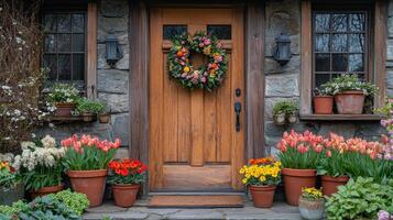 Beautiful blue door adorned with a floral wreath and surrounded by blooming plants in springtime photo