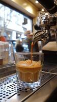 Barista expertly pours coffee in a cozy coffee shop with inviting ambiance photo
