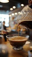 Barista expertly pours coffee in a cozy coffee shop with inviting ambiance photo