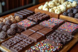 Assortment of delicious chocolate treats displayed on a wooden surface during a dessert gathering photo