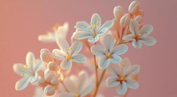 Beautiful blooming delicate flowers against a soft pink background in early spring photo