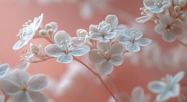 Beautiful blooming delicate flowers against a soft pink background in early spring photo