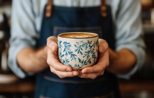 Barista serves beautifully crafted latte in decorative cup at cozy coffee shop photo
