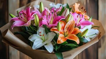 Beautiful bouquet of colorful lilies showcasing vibrant blooms and green leaves photo