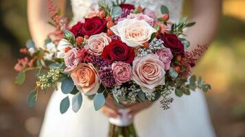 Beautiful bouquet of red and pink roses with greenery in autumn light photo