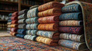 Beautiful collection of colorful rugs displayed in a traditional market setting photo