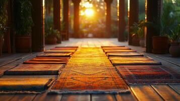 Beautiful collection of colorful rugs displayed in a traditional market setting photo