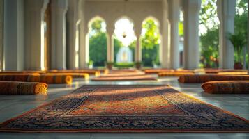 Beautiful collection of colorful rugs displayed in a traditional market setting photo