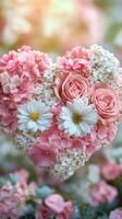 Beautiful floral heart arrangement with pink and white flowers in a garden setting photo
