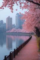 Beautiful cherry blossom trees along a pathway with city skyline view at sunrise photo