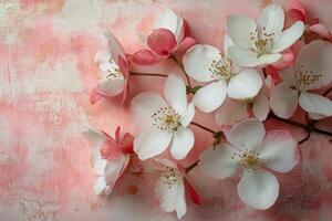 Beautiful cherry blossom branch with pink and white flowers on soft pastel background photo