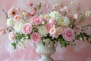 Beautiful cherry blossom branch with pink and white flowers on soft pastel background photo