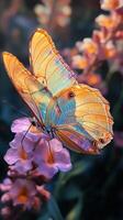 Beautiful butterfly with vibrant colors resting on flowers in a garden setting photo