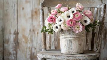 Beautiful bouquet of ranunculus flowers displayed on a rustic wooden chair in a cozy setting photo
