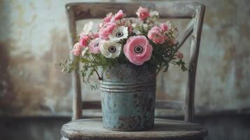 Beautiful bouquet of ranunculus flowers displayed on a rustic wooden chair in a cozy setting photo