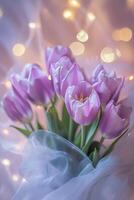 Beautiful bouquet of purple tulips with soft lights creating a cozy atmosphere photo
