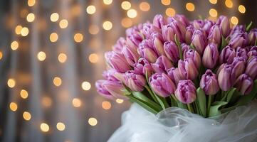 Beautiful bouquet of purple tulips with soft lights in the background during a romantic setting photo