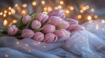 Beautiful bouquet of purple tulips with soft lights in the background during a romantic setting photo
