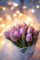 Beautiful bouquet of purple tulips with soft lights creating a cozy atmosphere photo