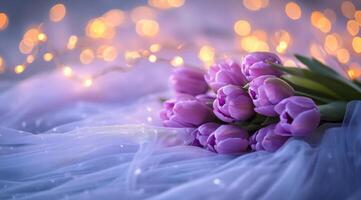 Beautiful bouquet of purple tulips with soft lights in the background during a romantic setting photo