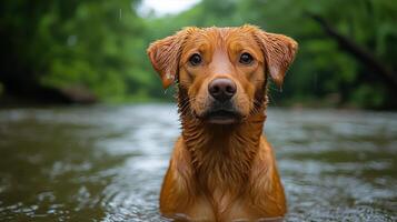 Black dog sitting calmly by a misty river in early morning light photo