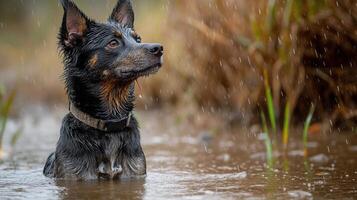 Black dog sitting calmly by a misty river in early morning light photo