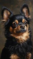 Black and tan small dog with expressive eyes and detailed fur in a neutral background setting photo