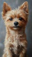 Black and tan small dog with expressive eyes and detailed fur in a neutral background setting photo