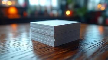 Blank business cards stacked on a wooden table in a cozy workspace during evening hours photo