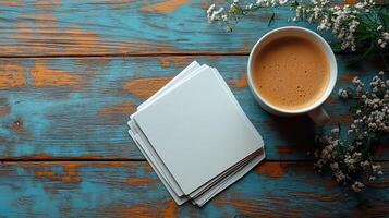 Blank business cards stacked on a wooden table in a cozy workspace during evening hours photo