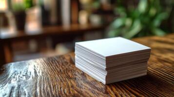 Blank business cards stacked on a wooden table in a cozy workspace during evening hours photo