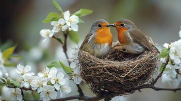 Bird nestled in nest among blooming flowers during springtime photo