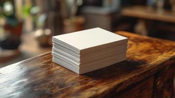 Blank business cards stacked on a wooden table in a cozy workspace during evening hours photo