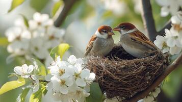 Bird nestled in nest among blooming flowers during springtime photo