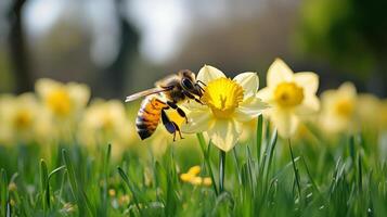 Bee collecting nectar from yellow daffodil flowers in a blooming garden during springtime photo