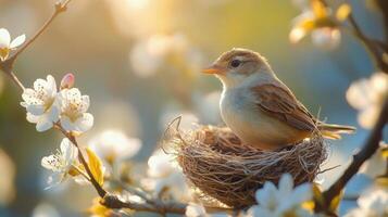 Bird nestled in nest among blooming flowers during springtime photo