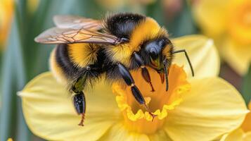 Bee collecting nectar from yellow daffodil flowers in a blooming garden during springtime photo