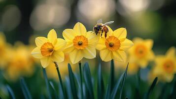 Bee collecting nectar from yellow daffodil flowers in a blooming garden during springtime photo
