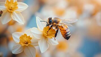 Bee collecting nectar from yellow daffodil flowers in a blooming garden during springtime photo