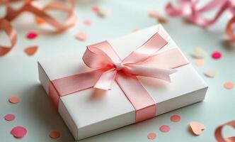Birthday card on a festive table with colorful confetti and decorations photo