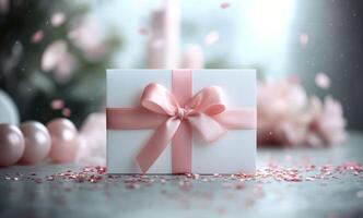 Birthday card on a festive table with colorful confetti and decorations photo