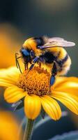 Bee collecting pollen from vibrant yellow flower in a sunny garden photo
