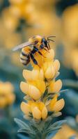 Bee collecting pollen from vibrant yellow flower in a sunny garden photo