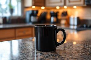 Black ceramic coffee mug on a kitchen countertop with plants in the background photo