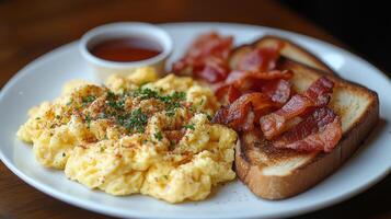 Breakfast featuring creamy mashed potatoes with bacon and toast served on a rustic plate photo