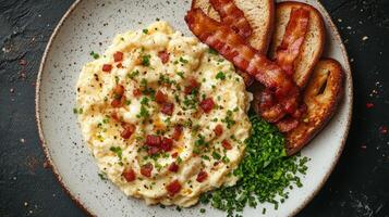 Breakfast featuring creamy mashed potatoes with bacon and toast served on a rustic plate photo