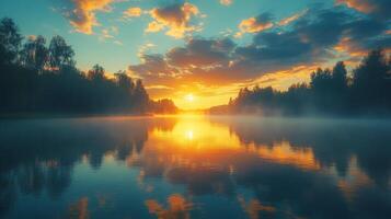 Breathtaking sunset over calm lake with vibrant colors reflecting on water photo